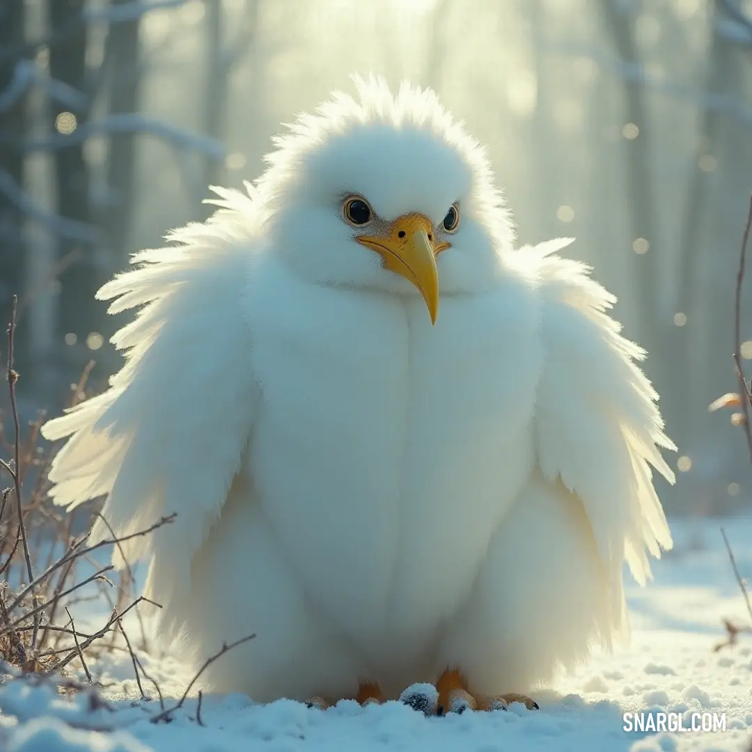 A white Lumina with a vibrant yellow beak stands firmly on a snowy landscape. Surrounded by trees and bushes, it pauses for a moment, standing proudly against the quiet beauty of the winter scene.