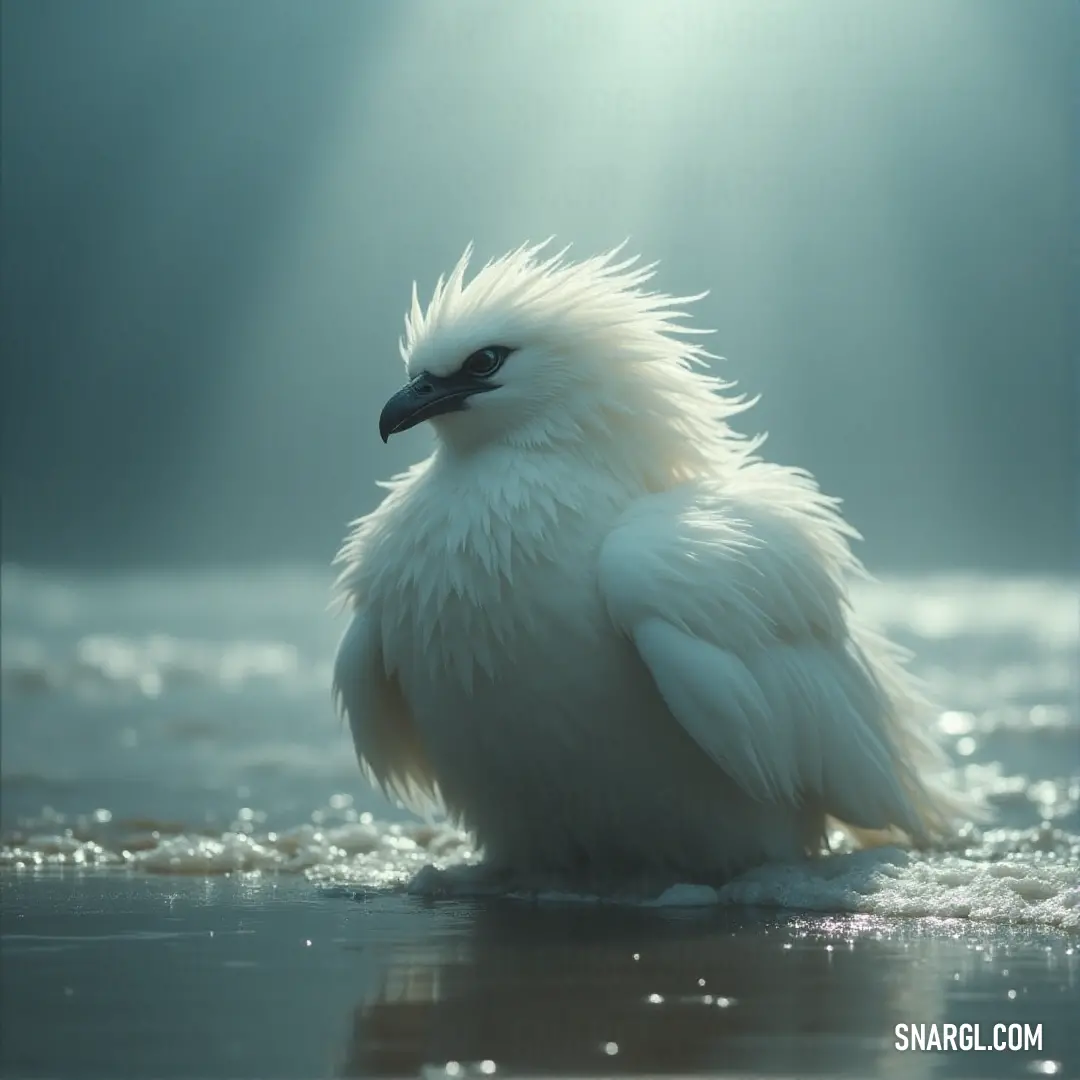 A White Lumina with a bold black beak stands in shallow waters at the beach. Sunbeams break through the clouds above, casting a radiant glow on the bird’s sleek form as the ocean whispers nearby.