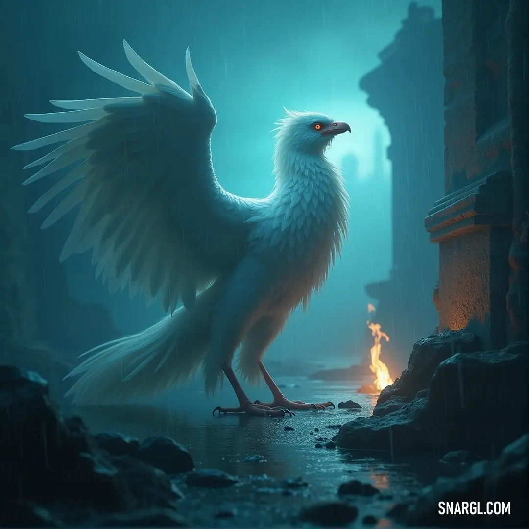 A White Lumina stands with wings extended on a rain-soaked ground, a fire blazing in the background, creating a striking contrast between the tranquil and the tumultuous. A White Lumina stands in the rain on a wet ground, its wings spread wide as droplets fall around it. Behind the bird, a fierce fire burns, contrasting with the calm, reflective atmosphere of the scene.