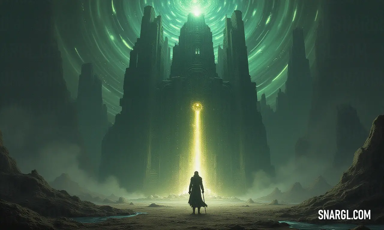 A poised Luminara stands before an imposing ancient structure aglow with light, creating a sense of wonder and intrigue about the adventures that lie ahead inside. Luminara stands with poise in front of a grand, ancient building, its entrance aglow with an inviting light, hinting at the secrets and adventures hidden within its walls, shrouded in the mystery of the night.