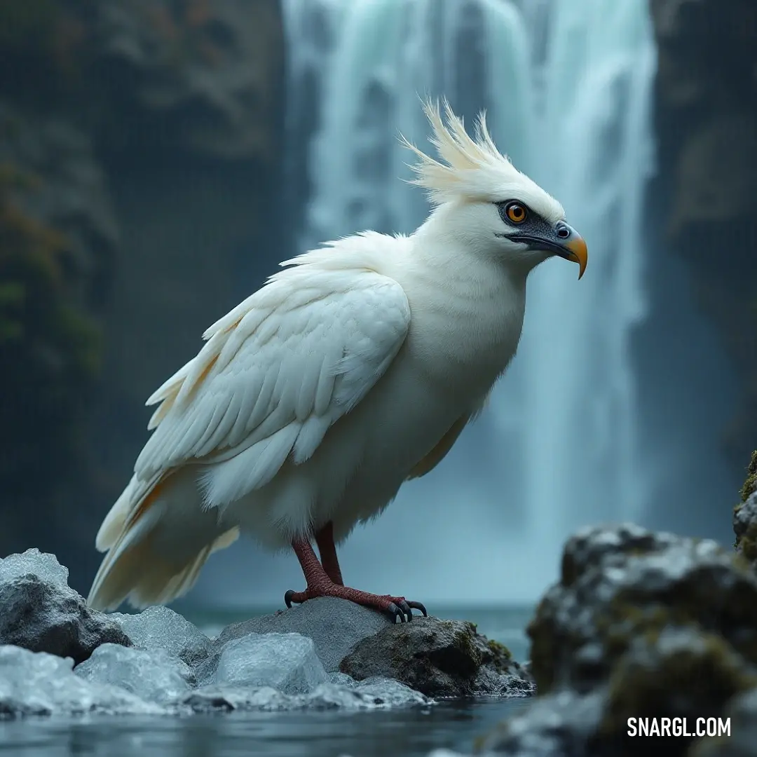 A stunning White Luminara with a vibrant yellow beak stands regal on a rock, set against the breathtaking backdrop of a majestic waterfall, a true symbol of nature's beauty. In a striking pose, a White Luminara with a captivating yellow beak perches on a rugged rock, framed by an impressive waterfall cascading in the background, highlighting the harmony of nature's elements.