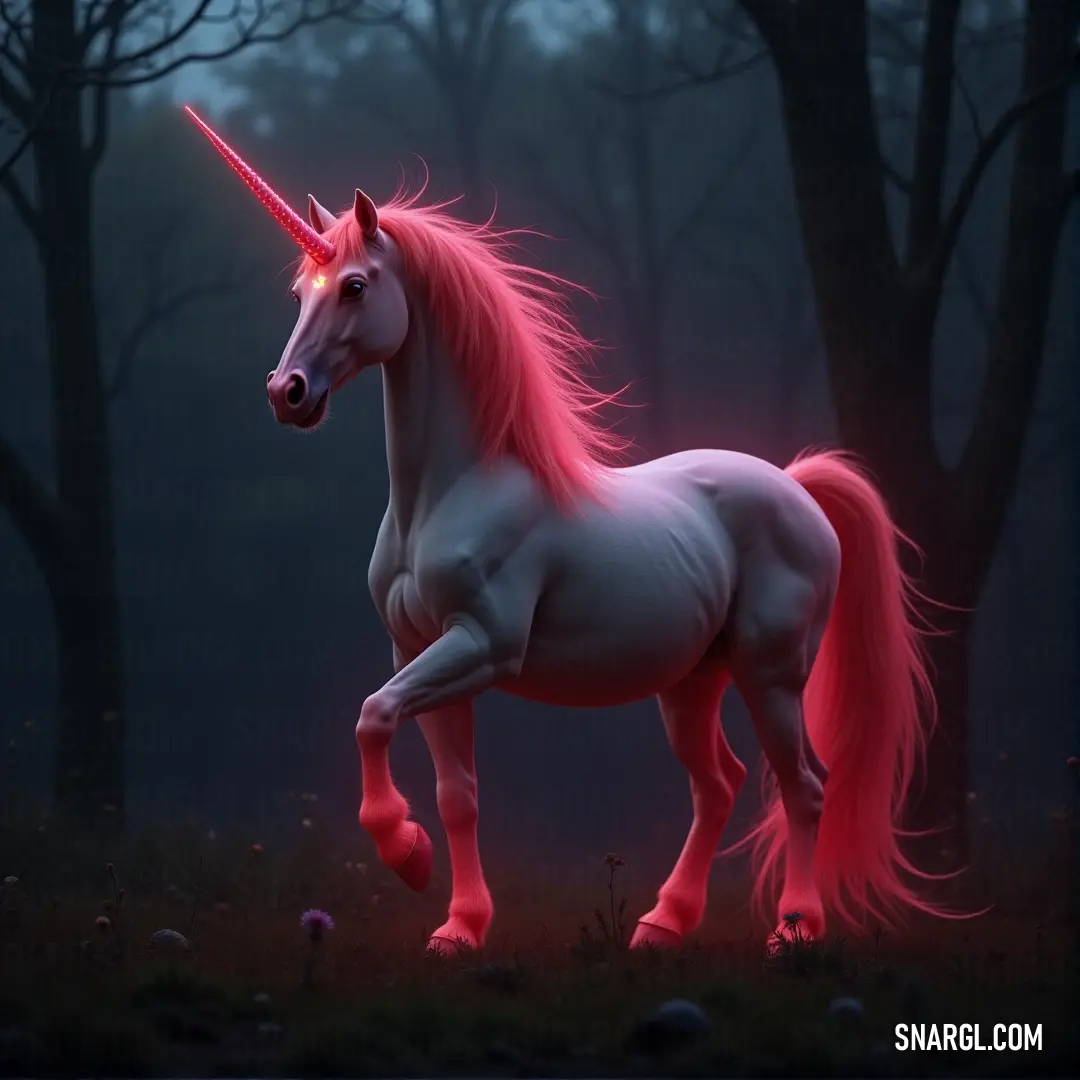 A luminous unicorn with a pink mane stands in a mystical forest under the moonlight, with trees and glowing orbs around, evoking a sense of wonder and enchantment. A glowing unicorn with a flowing pink mane stands gracefully in a moonlit forest, surrounded by trees and mysterious orbs that light up the night, creating a magical and serene atmosphere.