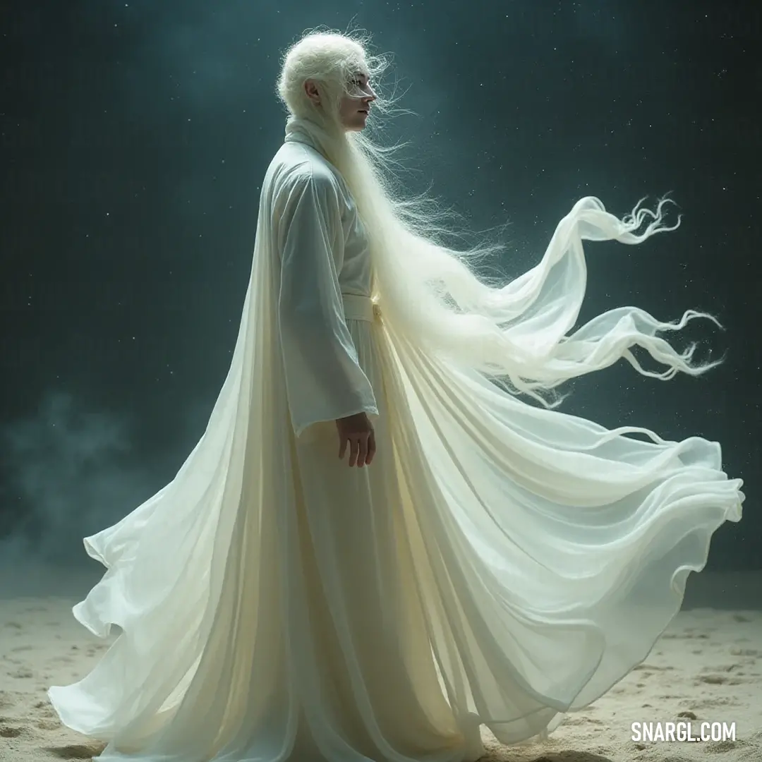 Draped in a flowing white cape and elegant dress, the lunar diviner stands gracefully on a peaceful beach, bathed in the silver glow of a full moon, with a long veil drifting like wisps of cloud in the night breeze.