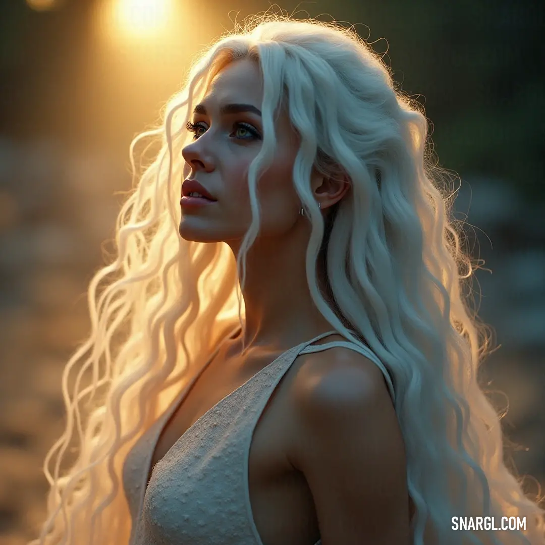 The lunar diviner, with flowing white hair, gazes serenely into the distance, illuminated by a divine light that envelops her in beauty. With long flowing white hair, a graceful lunar diviner gazes into the distance as a radiant light bathes her in an otherworldly glow. The ethereal scene captures the essence of dreams and celestial beauty.