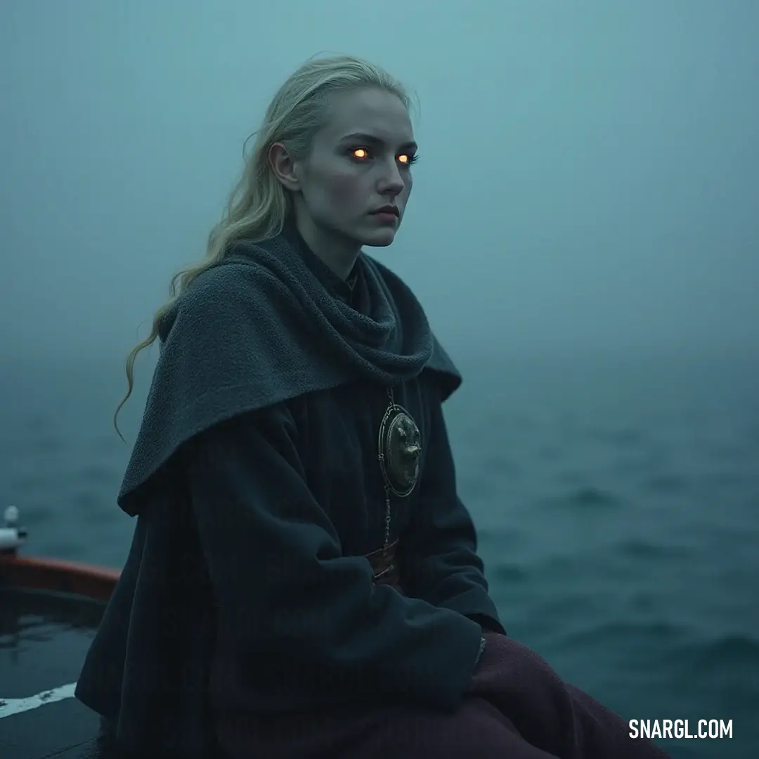 A mesmerizing Lunar Seer with glowing eyes sailing through a fog-covered ocean. A captivating Lunar Seer with luminous eyes navigates a wooden boat, shrouded in mist on an eerie ocean, where the fog dances around her, creating an atmosphere of ethereal beauty.