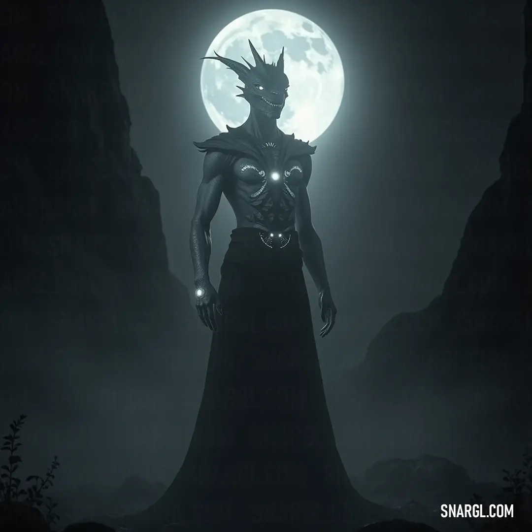 The enigmatic Lunar Seer, draped in a flowing black dress, stands boldly against the backdrop of a striking full moon, an imposing demon head perched atop his head, exuding an aura of dark magic.