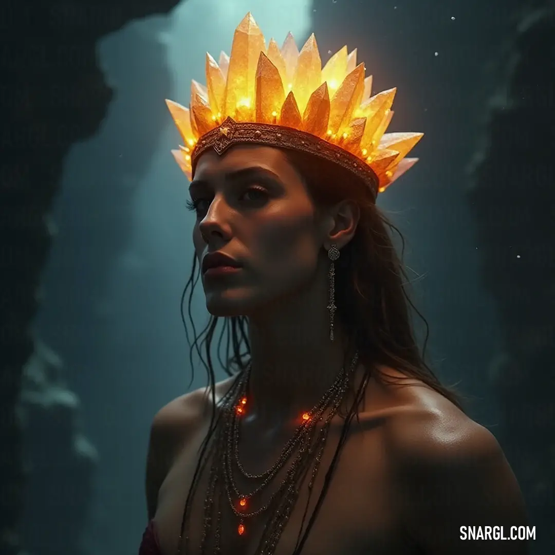A powerful Lunar Seer with a radiant crown of lights and intricate neck jewelry. The fierce Lunar Seer, distinguished by her glowing yellow crown adorned with lights, wears an elaborate necklace that enhances her regal presence, resembling a celestial goddess surrounded by shimmering stars.