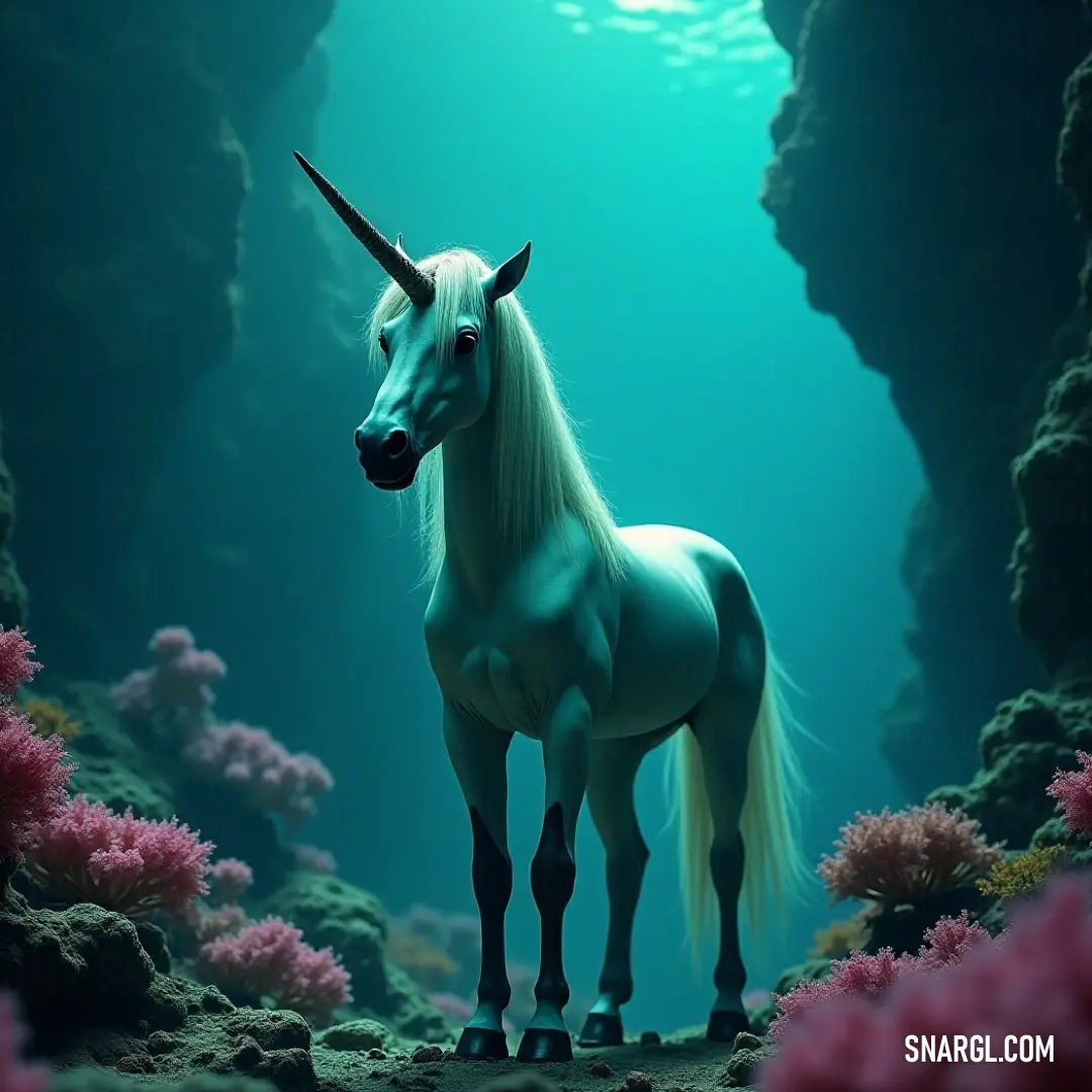 Lunar Steed gracefully inhabits a mystical cave, surrounded by vibrant corals and flowing seaweed, embodying the curiosity and mystery of the ocean realm with its gentle presence.