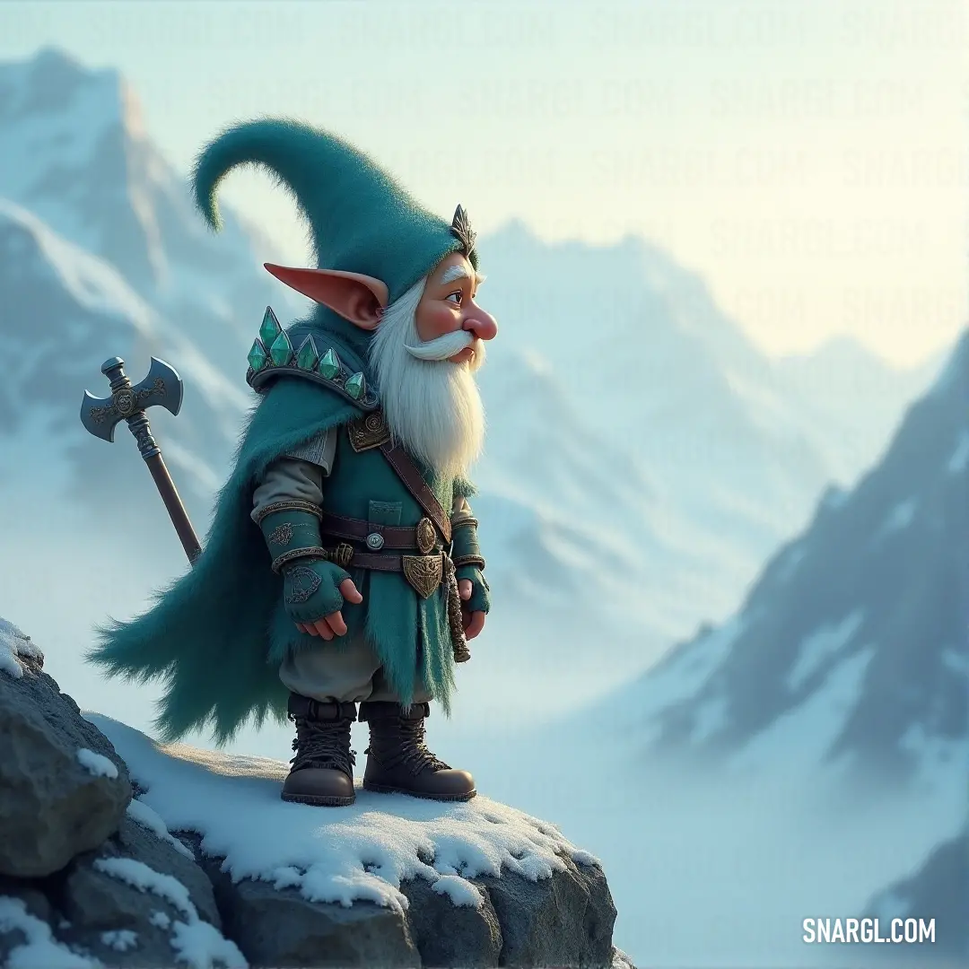 Lunk stands tall on a mountain peak, gripping a large axe with both hands, while wearing a green hat that matches the rugged landscape around him, embodying strength and resilience.