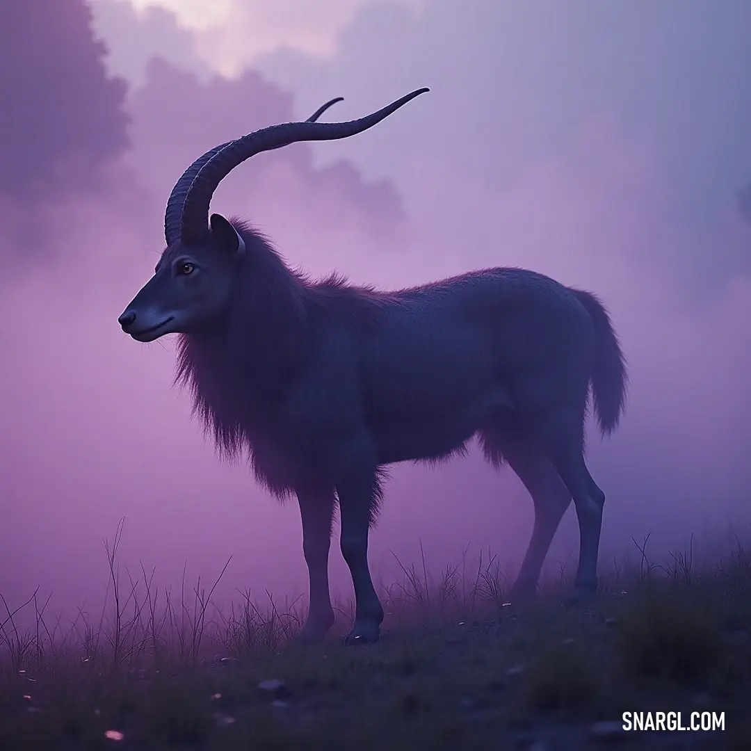 A horned Lupercus gazes over a fog-kissed hill, shrouded in mystery and ancient lore. A horned Lupercus stands proudly atop a misty hill, surrounded by a swirling fog that cloaks the landscape, hinting at secrets and ancient stories hidden within the clouds and shadows of the sky.