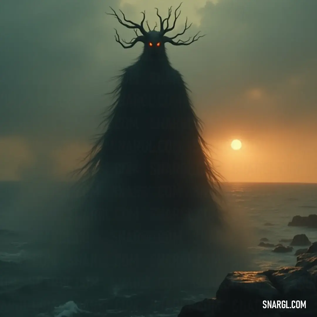 Lurker of Shadows gazes over a rocky beach at sunset, blending into the surreal beauty of dusk. Strange Lurker of Shadows perches atop a rugged rocky beach at sunset, its silhouette outlined against the vibrant orange and purple hues of the sky, embodying the tranquility and eeriness of the setting.