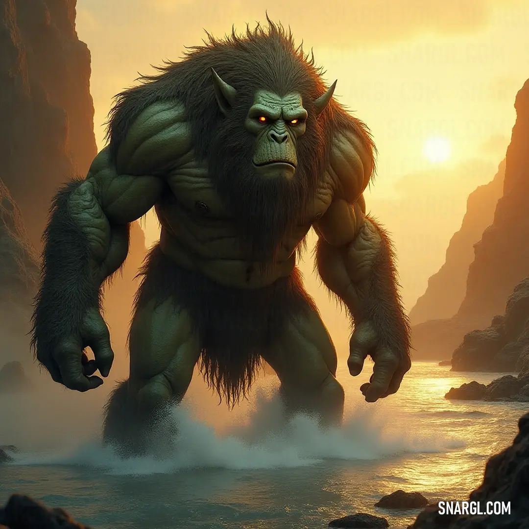 A giant Lurtz stands majestically in the water, silhouetted against a stunning sunset, while a person in the background adds scale to this breathtaking scene of natural beauty.