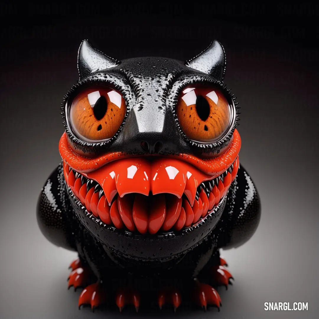 Black and red toy with orange eyes and a black background