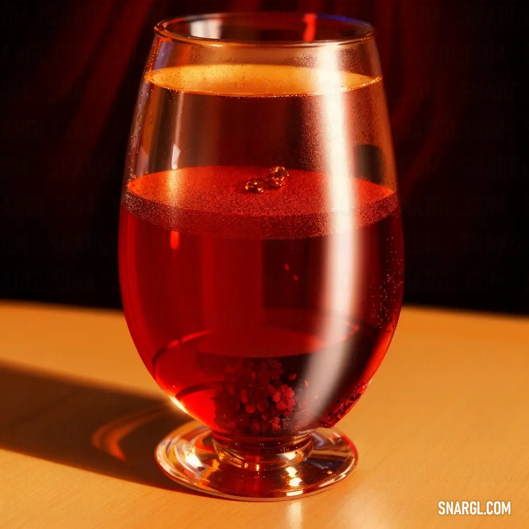 Glass of wine on a table with a red liquid in it and a yellow substance in the glass