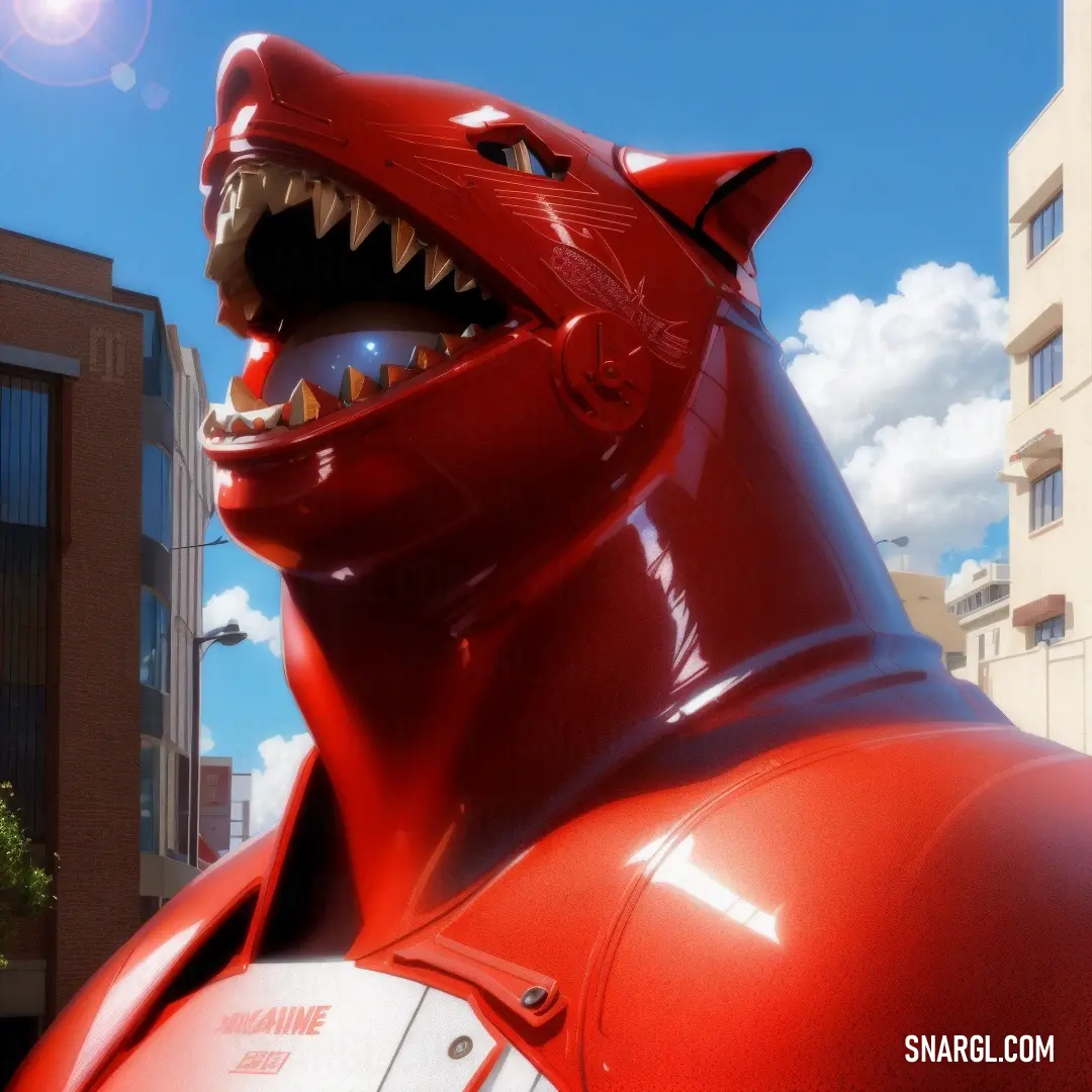 Large red statue of a dinosaur with its mouth open and teeth wide open in front of a building