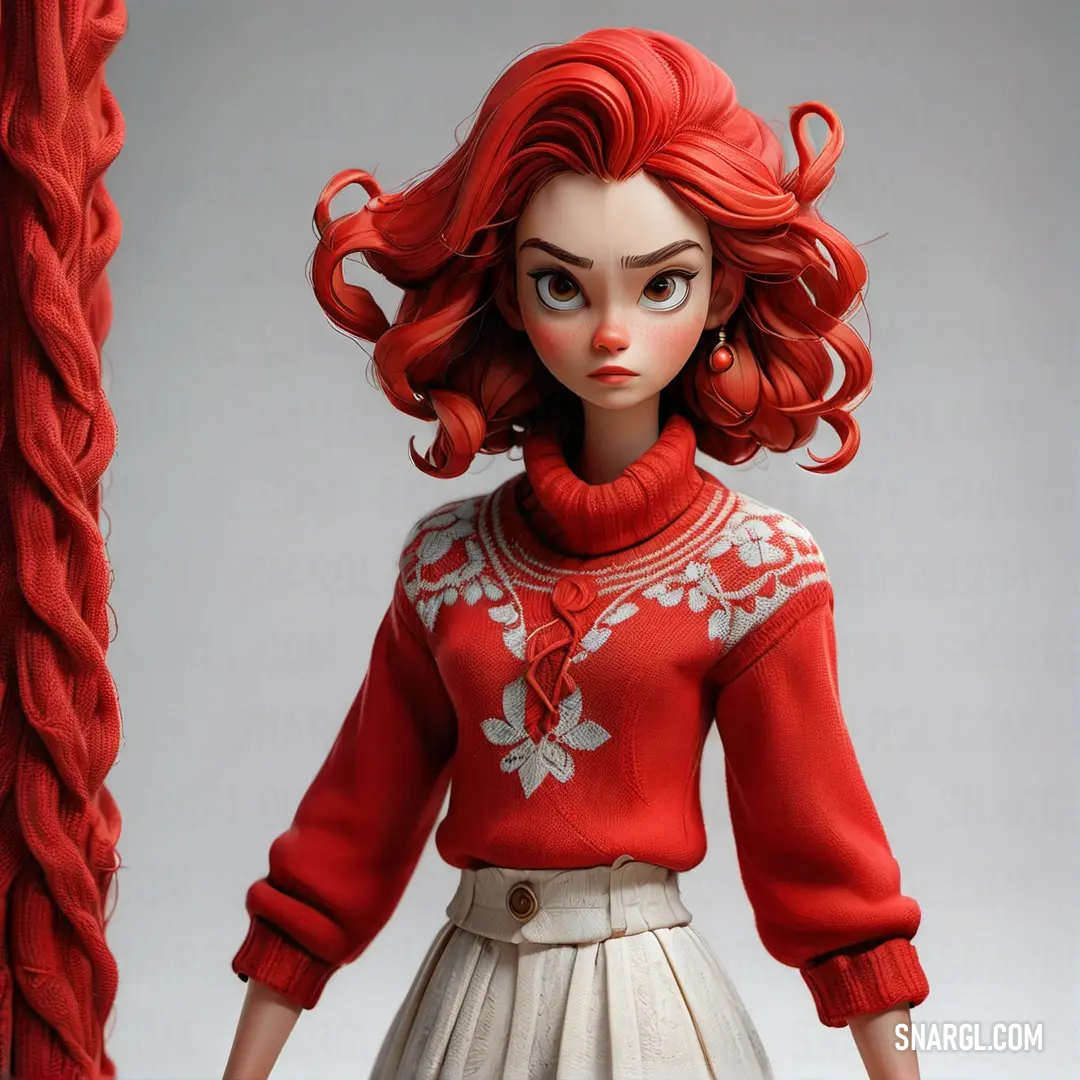 Lust color example: Doll with red hair and a red sweater on a white background