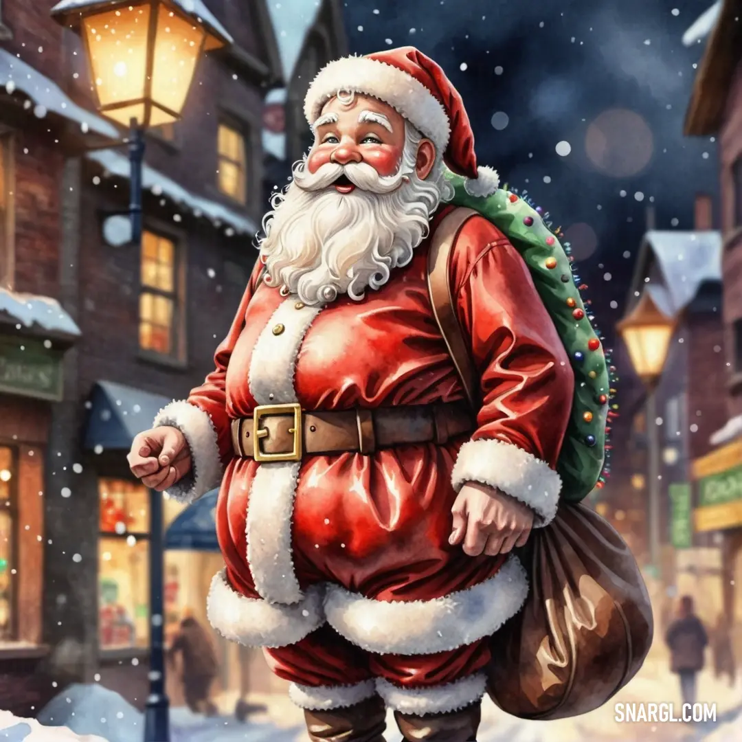 Painting of a santa claus walking down a street in the snow with a bag of presents in his hand. Example of Lust color.