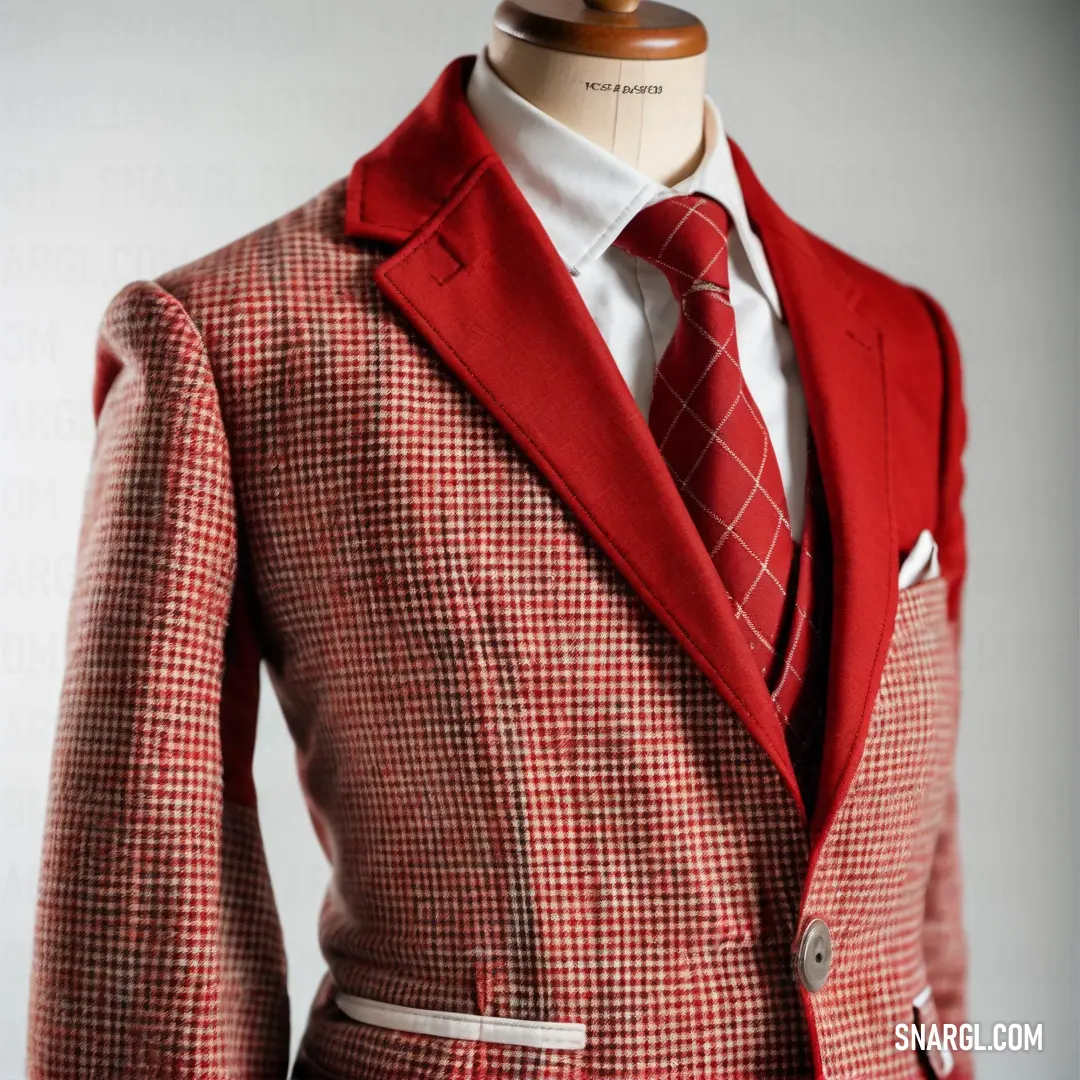 Red suit with a white shirt and a red tie on a mannequin's dummyequin. Color #E62020.