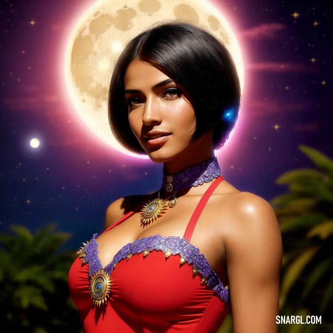 Woman in a red dress with a necklace on her neck and a moon in the background. Example of RGB 230,32,32 color.