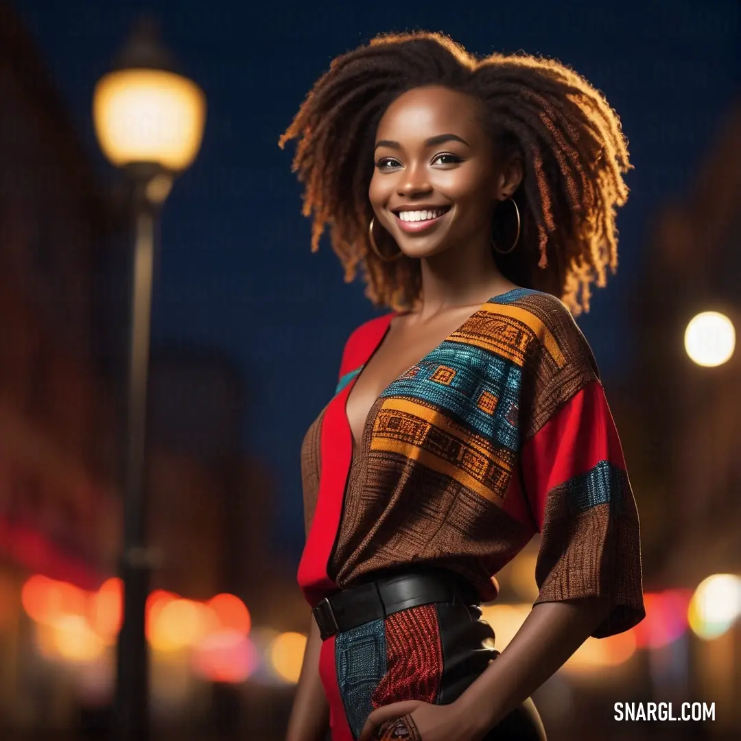 Lust color example: Woman with dreadlocks standing in front of a street light at night with a smile on her face