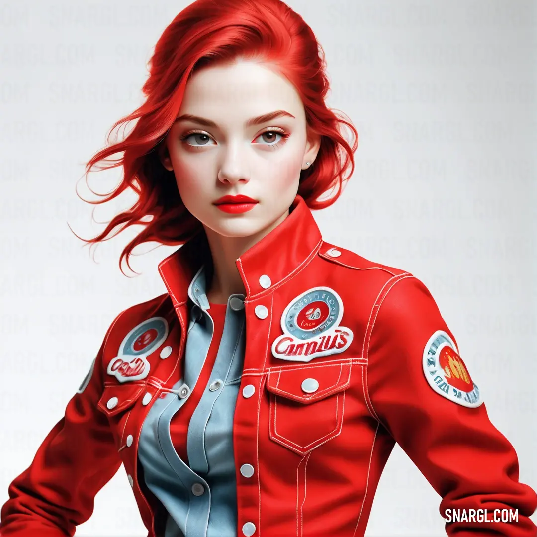 Woman with red hair wearing a red jacket and jeans with a pepsi logo on it. Color #E62020.