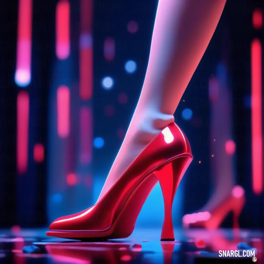 Woman's legs and red high heels on a stage with lights in the background. Example of CMYK 0,86,86,10 color.