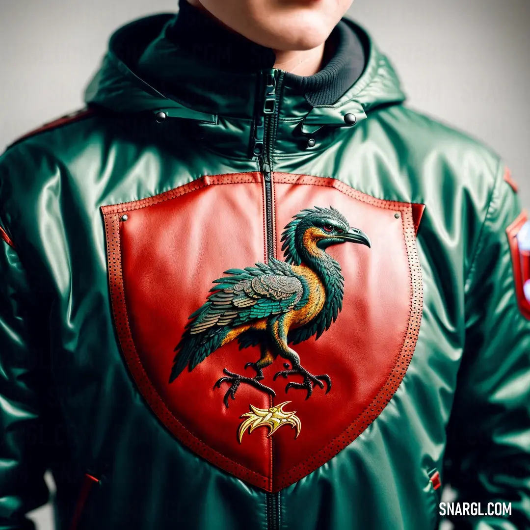 Man in a green jacket with a red and yellow bird on it's chest and a red