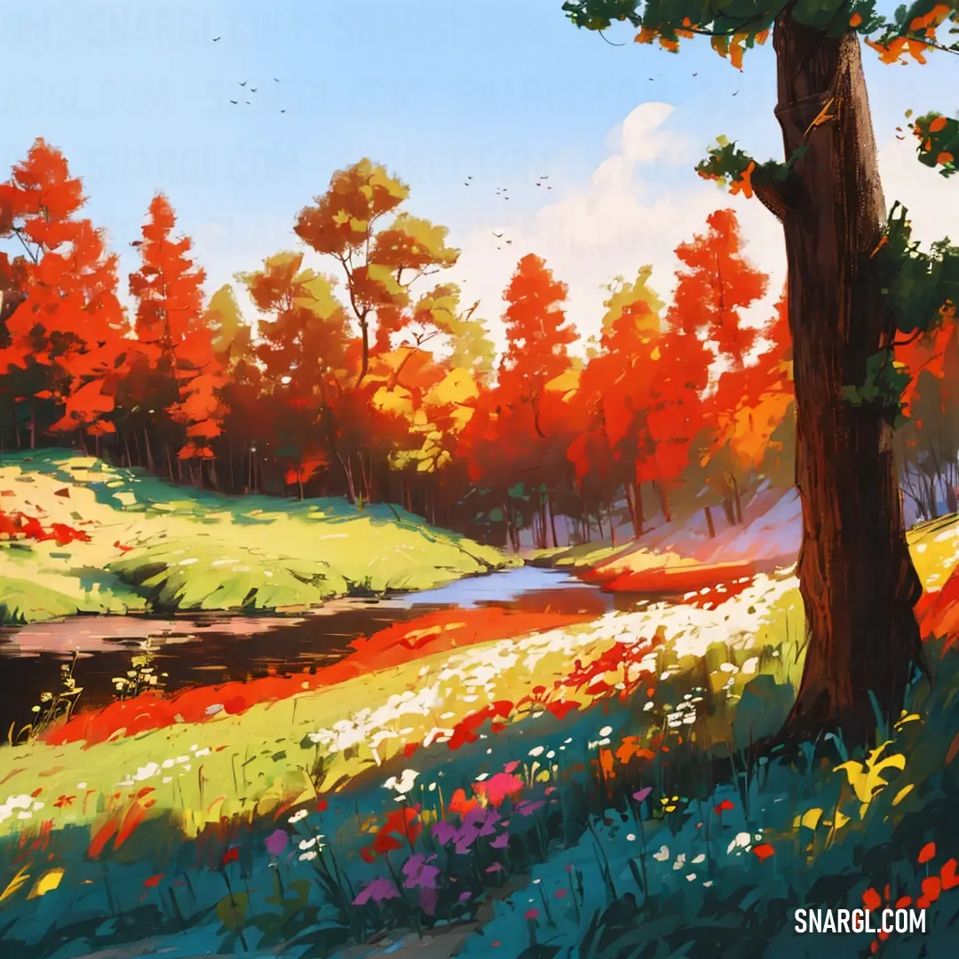 Painting of a colorful forest with a stream running through it and trees in the background with bright colors