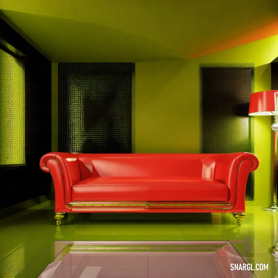 Red couch in a living room next to a lamp and a table