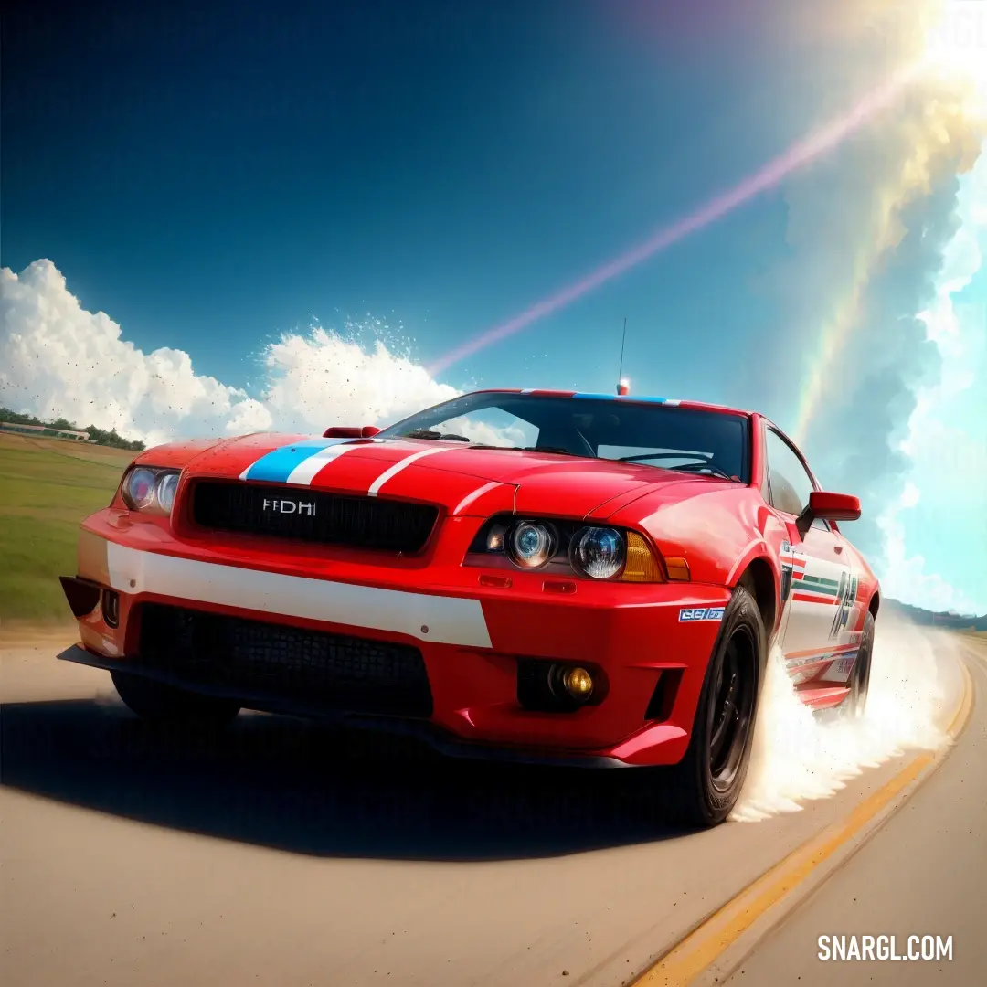 Red sports car driving down a road with a rainbow in the background and clouds in the sky above