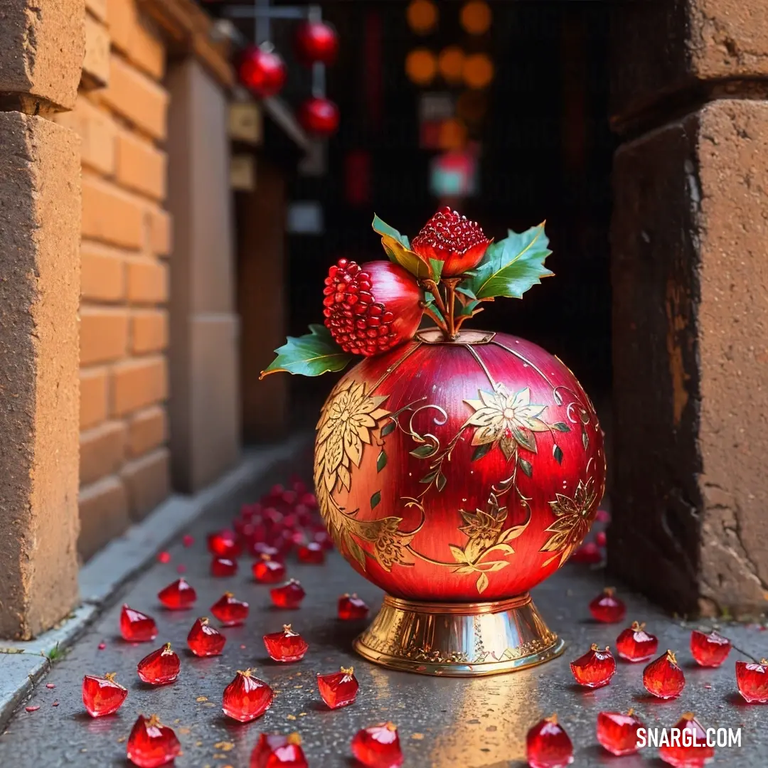 Red vase with red flowers on a sidewalk next to a building with red petals on the ground