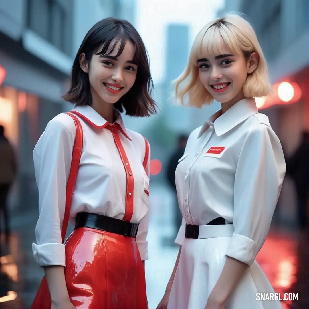 Two women in white shirts and red skirts posing for a picture together in the rain in a city street. Color RGB 230,32,32.