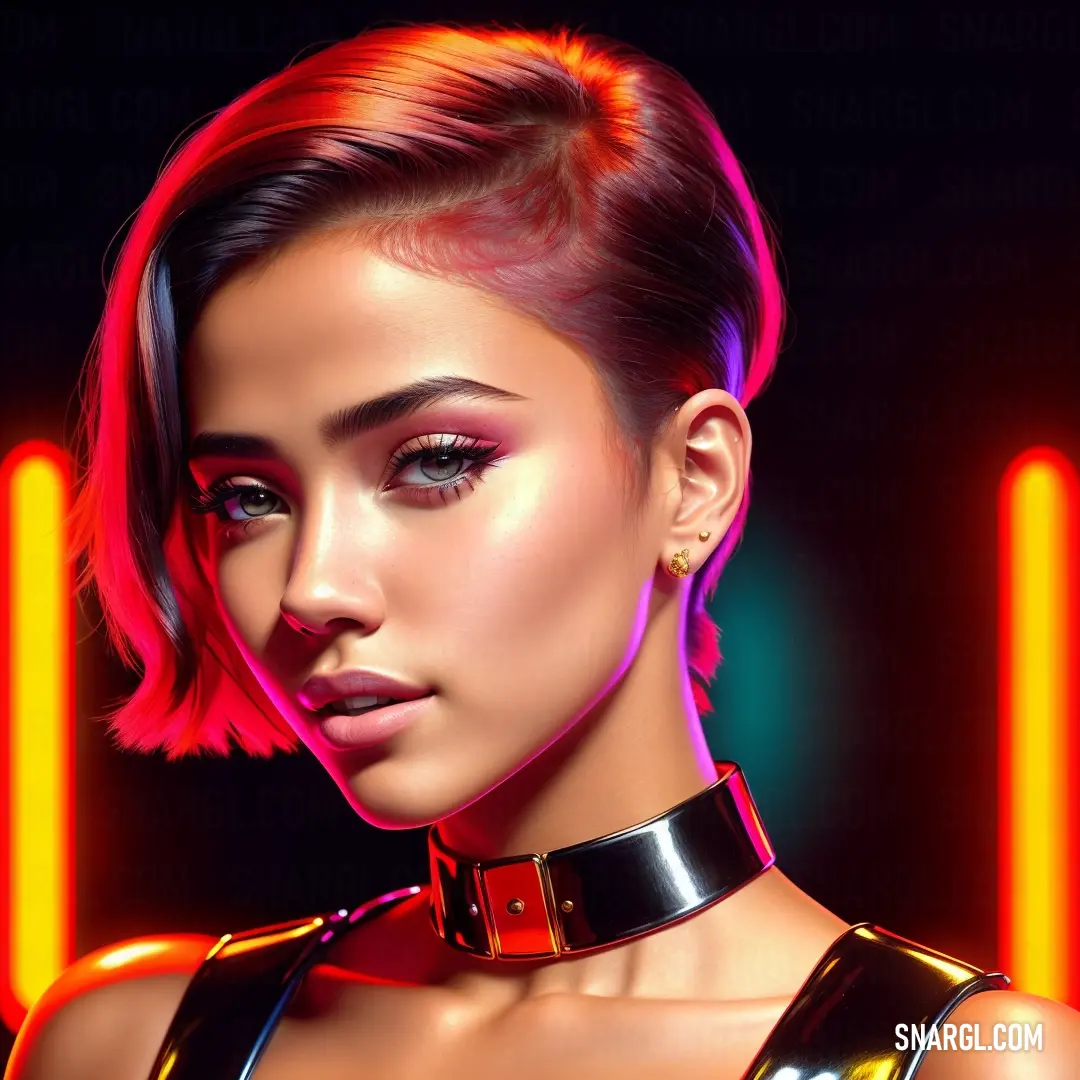 Woman with a choker and neon lights on her neck and chest