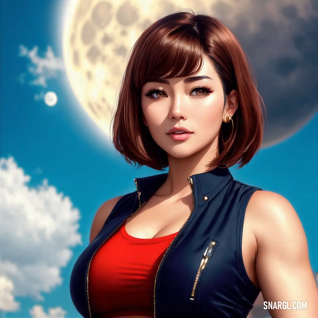 Woman with a red top and a black jacket on is standing in front of a full moon and clouds