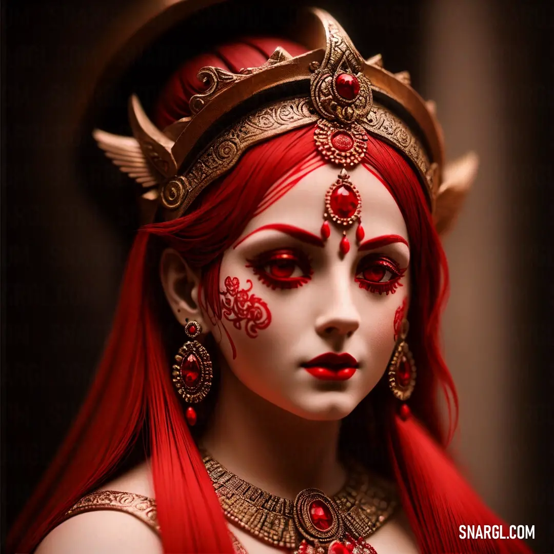 Woman with red makeup and red hair wearing a crown and red hair with horns and horns on her head