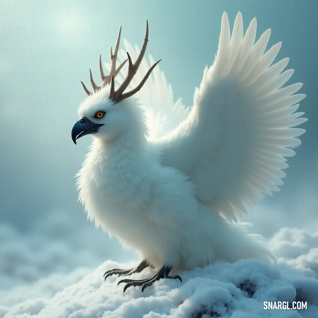 A magnificent White Lusterwing, adorned with a long horn and impressive beak, spreads its wings wide, ready to soar into the bright blue skies. The ethereal White Lusterwing captivates, boasting a long horn and a formidable beak, spread wings creating a picture of splendor against the azure sky, as though preparing for a majestic flight.