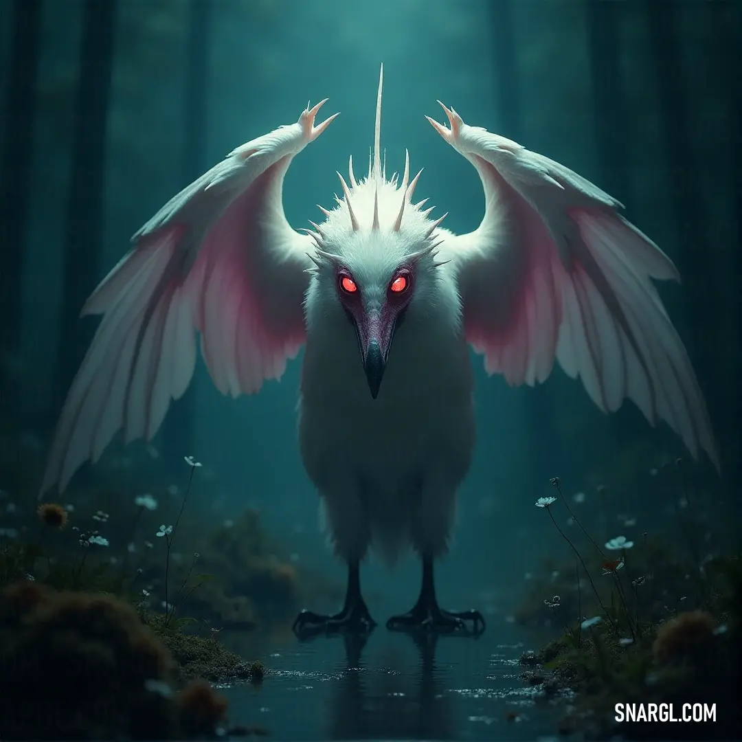A Lusterwing bird with red eyes stands in a forest, its wings outstretched, surrounded by moss, flowers, and a dark, magical atmosphere that heightens its ethereal presence. A white Lusterwing bird with glowing red eyes stands in a mystical forest, its wings gently spread, surrounded by moss-covered ground and vibrant flowers. The dark backdrop adds an air of mystery to this serene moment.