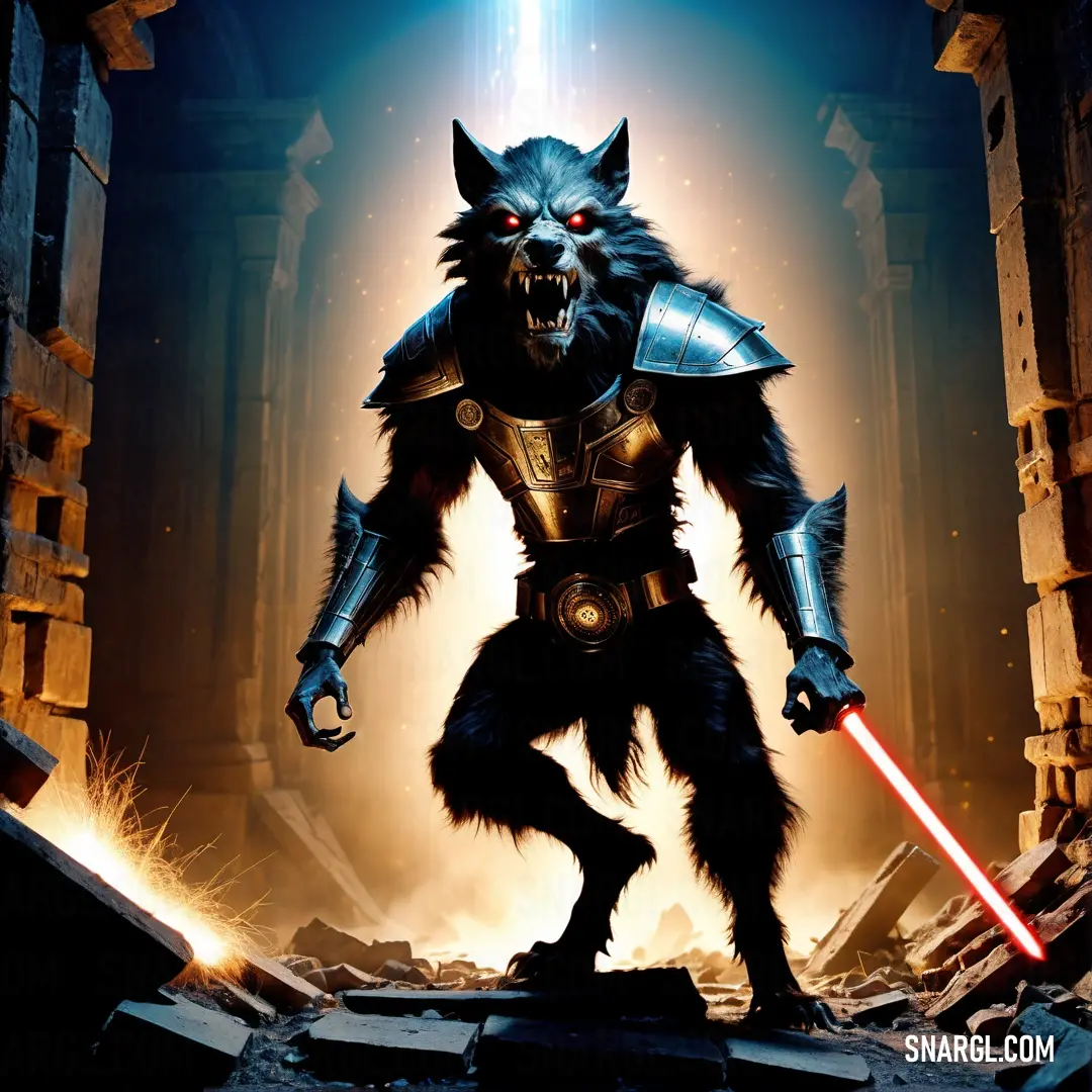 Lycanthrope in a sci - fi movie holding a lightsaben in his hand