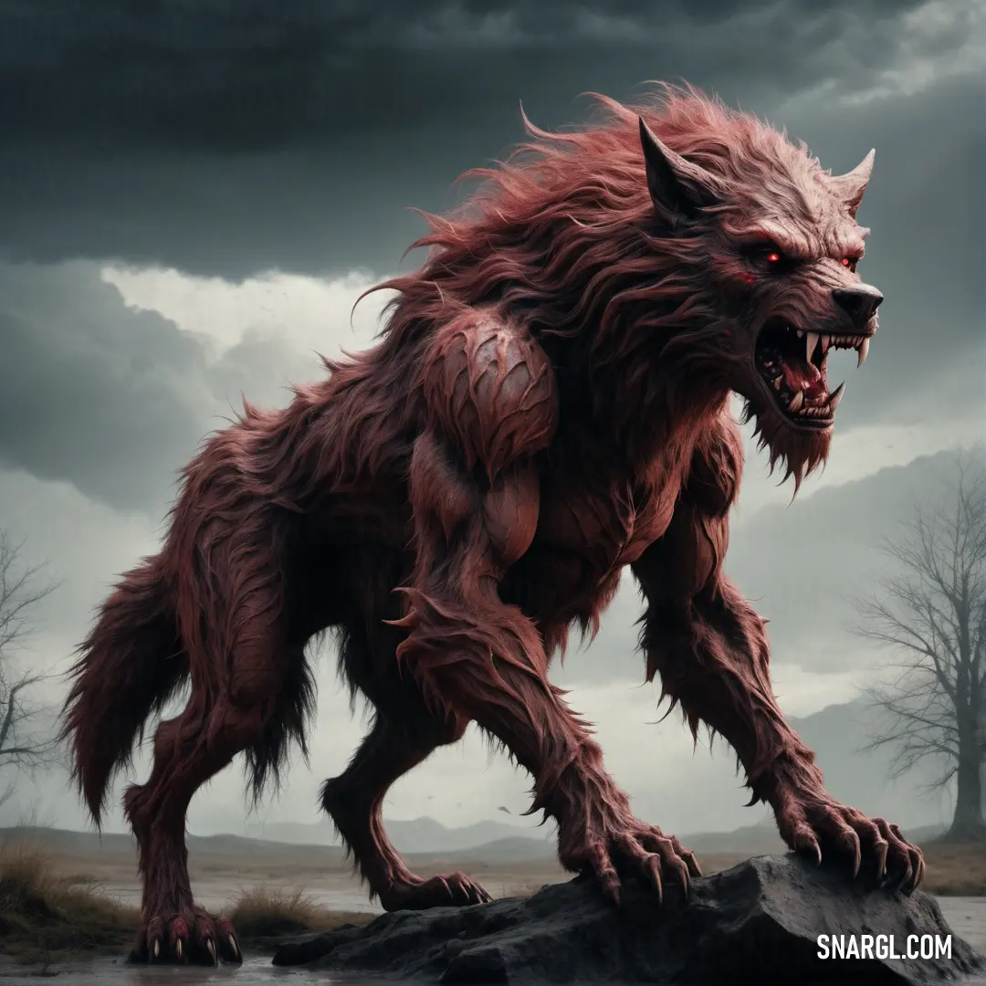 Furry Lycanthrope with sharp teeth and sharp teeth on a rock in a field with dark clouds and trees
