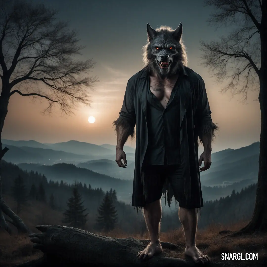 Lycanthrope with a wolf mask standing on a log in a forest at night with a full moon in the background