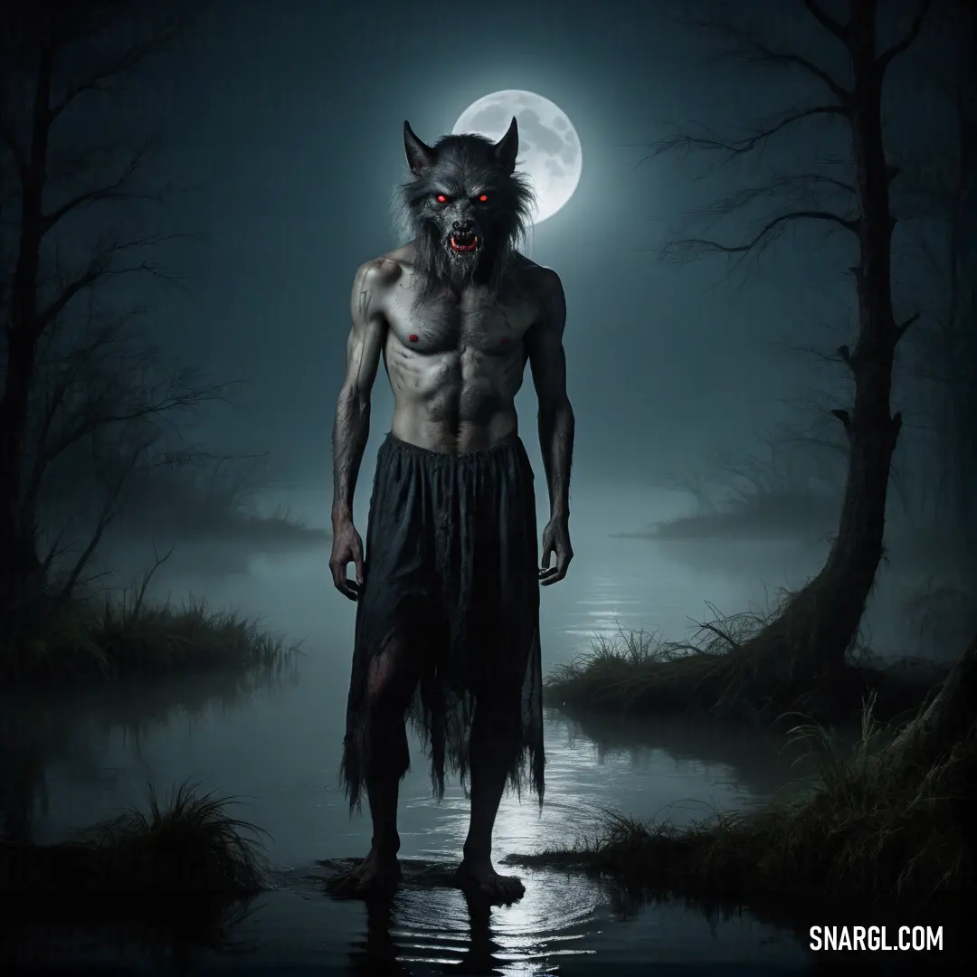 Lycanthrope man with a wolf mask standing in the water at night with a full moon behind him and a body of water in the foreground