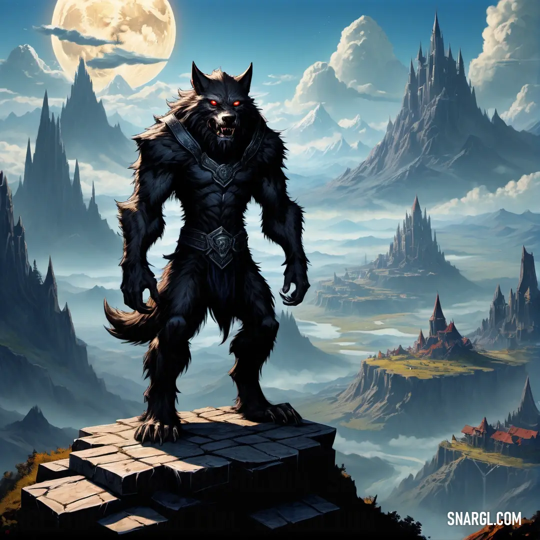 Painting of a wolf standing on a rock in front of a mountain landscape with a full moon in the sky
