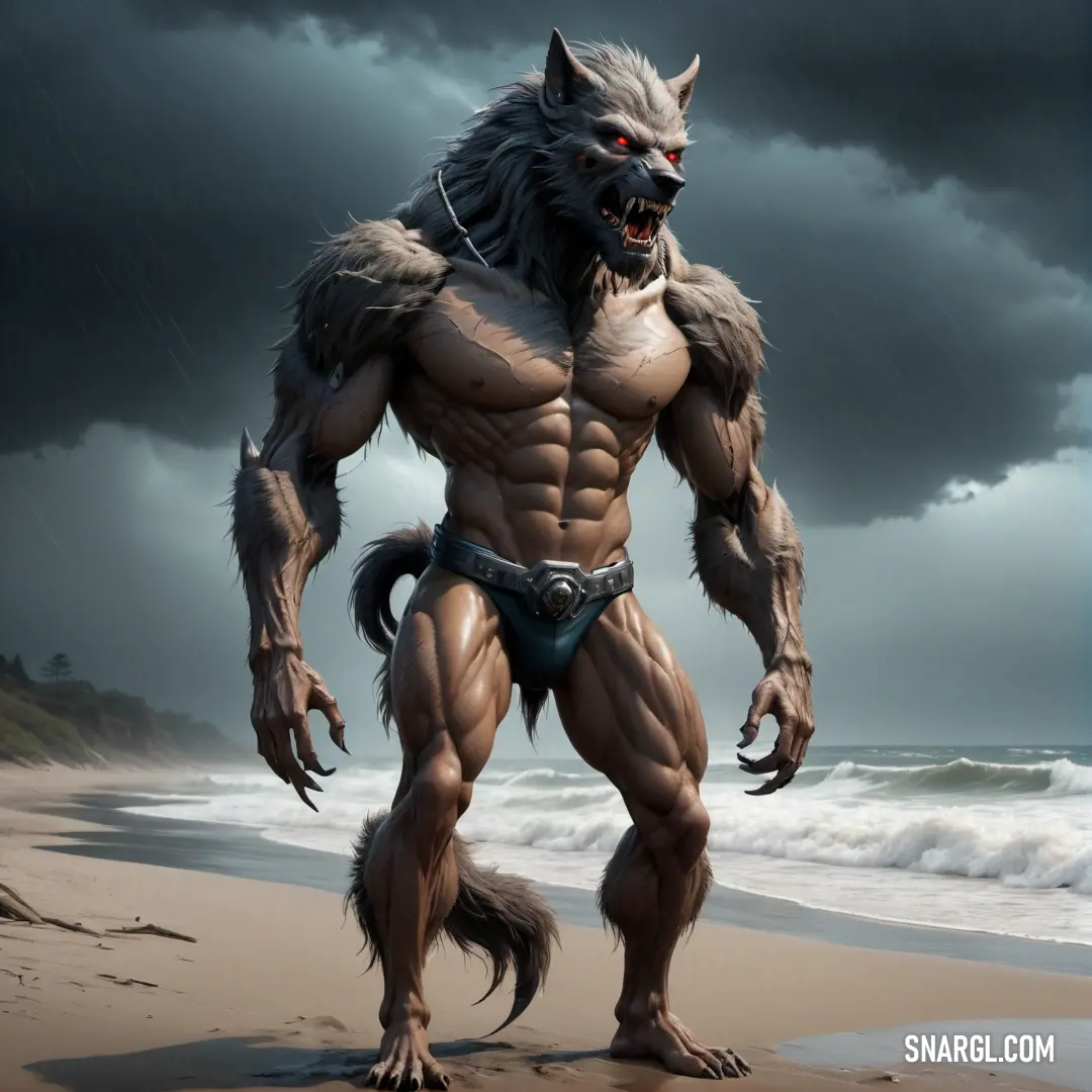 Very big furry Lycanthrope standing on a beach by the ocean with a chain around his neck