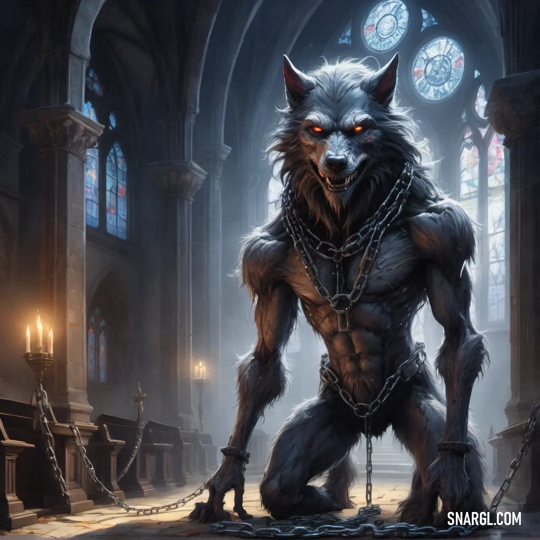 Wolf chained up in a gothic cathedral with a clock in the background and a chain around its neck
