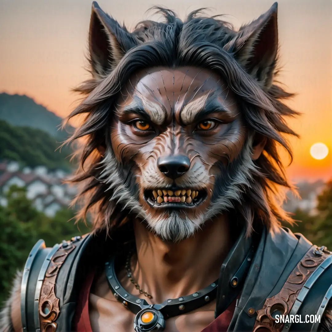 Wolf male Lycanthrope with a full face and a full body of hair and makeup is shown in front of a sunset