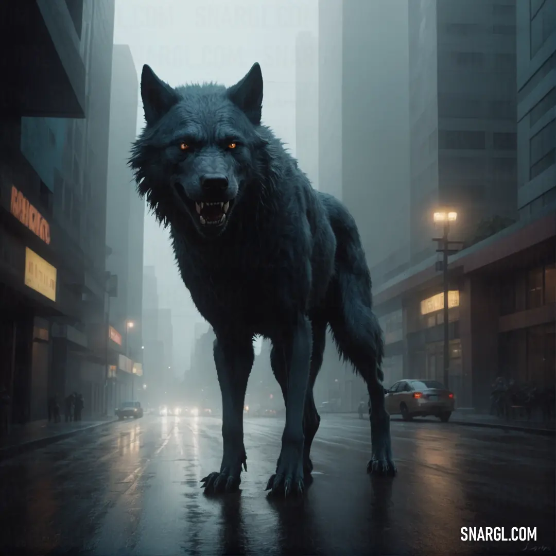 Wolf standing in the middle of a city street in the rain with its mouth open and glowing eyes