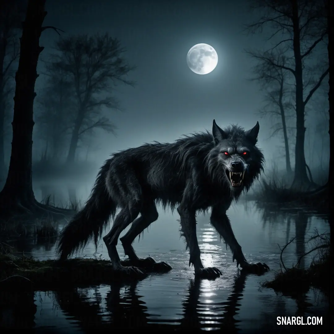 Wolf standing in the water with a full moon in the background and trees in the foreground