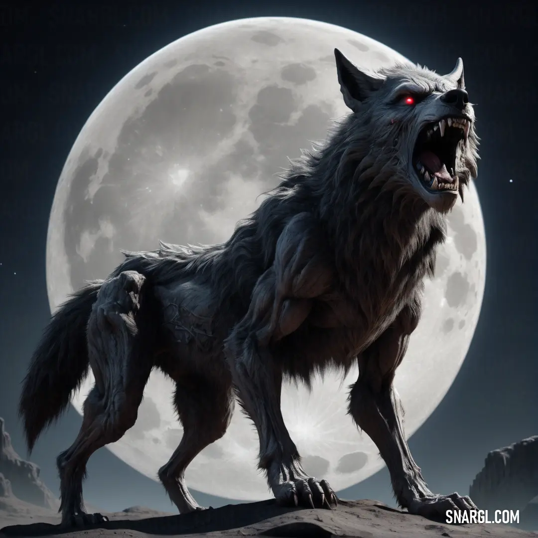 Wolf standing on a rock with a full moon in the background and a red eye on its face
