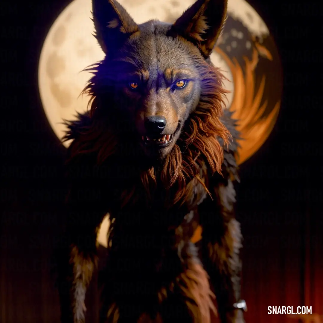 Wolf statue is shown in front of a full moon and a stage curtain