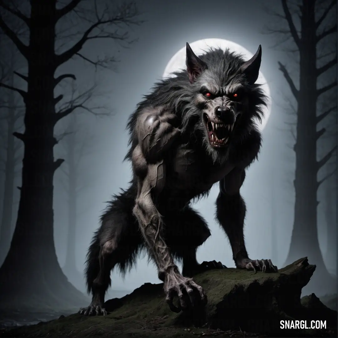 Wolf with a full moon in the background and trees in the foreground